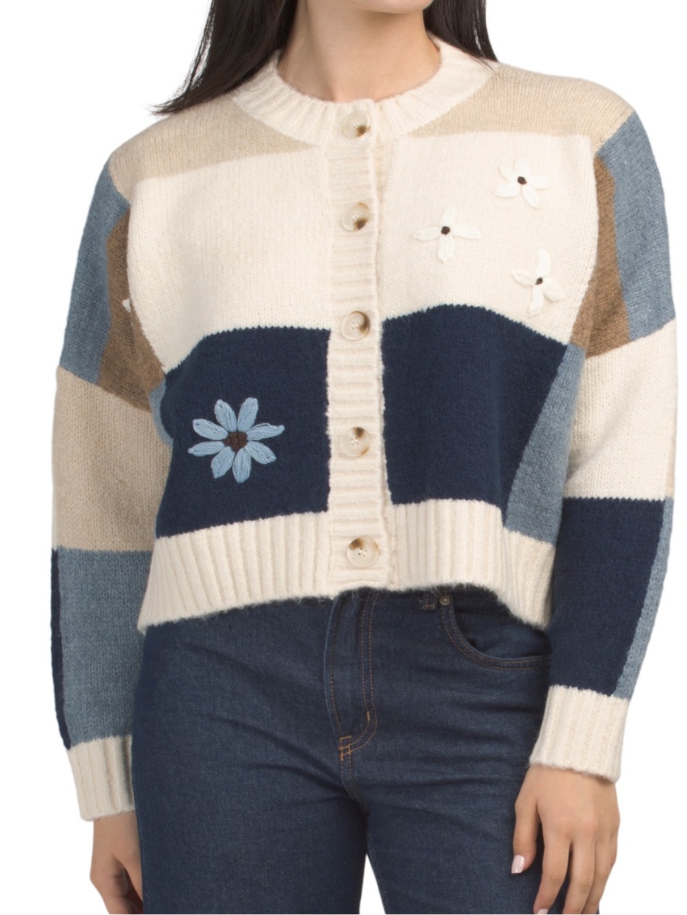 Luna Ivy Women’s Colorblock Floral Knit Cardigan Sweater - Cream & Navy